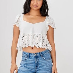 American Eagle White Eyelet Lace Peplum Top